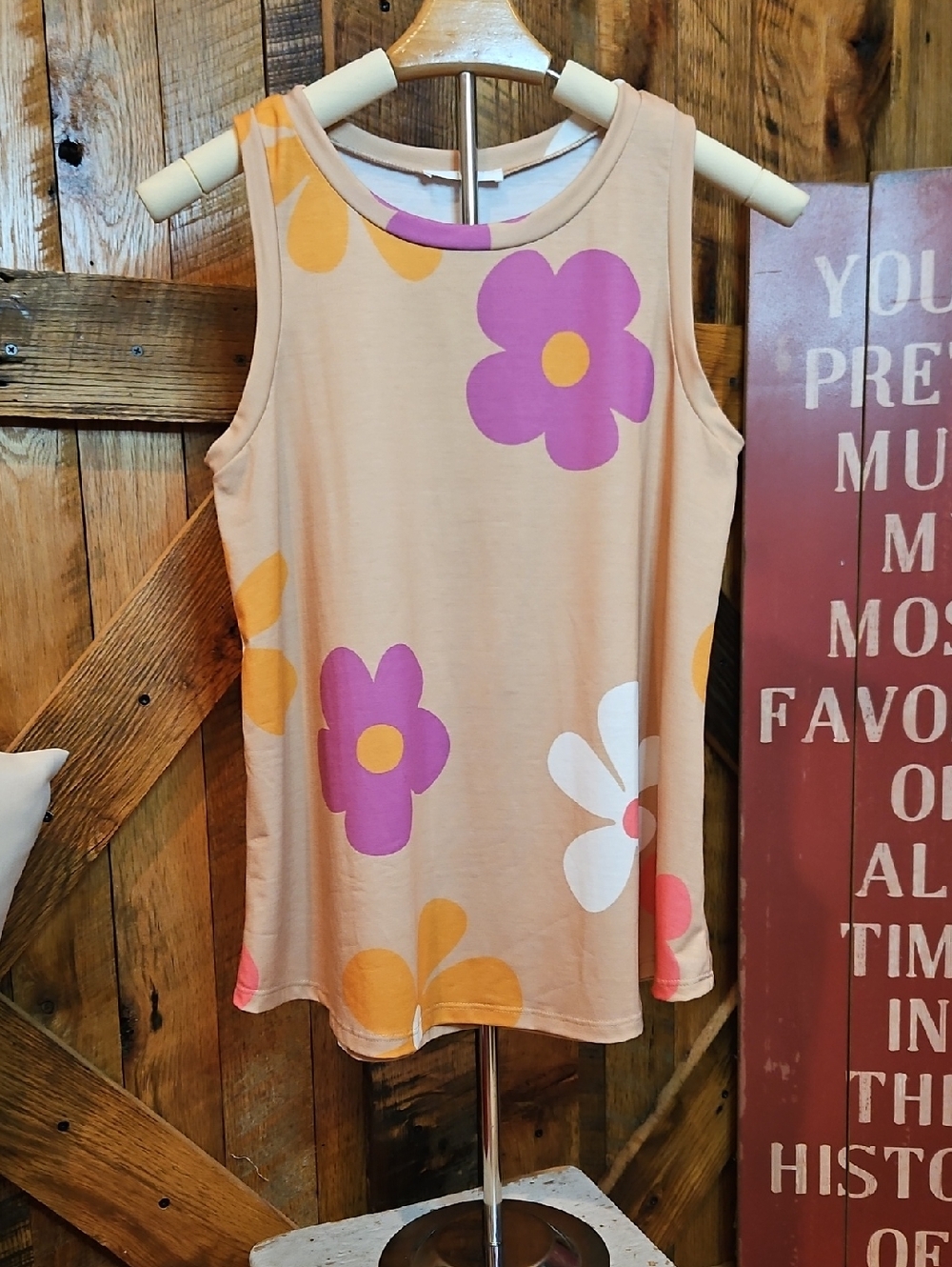 352 Women's Beige Floral Sleeveless Tank Top with Purple & Orange Blooms